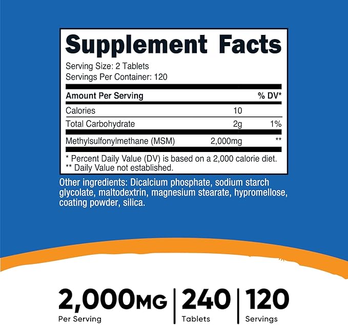 Nutricost MSM Tablets (Methylsulfonylmethane) 2000mg Per Serving, 120 Servings, 240 Tablets - Non-GMO and Gluten Free
