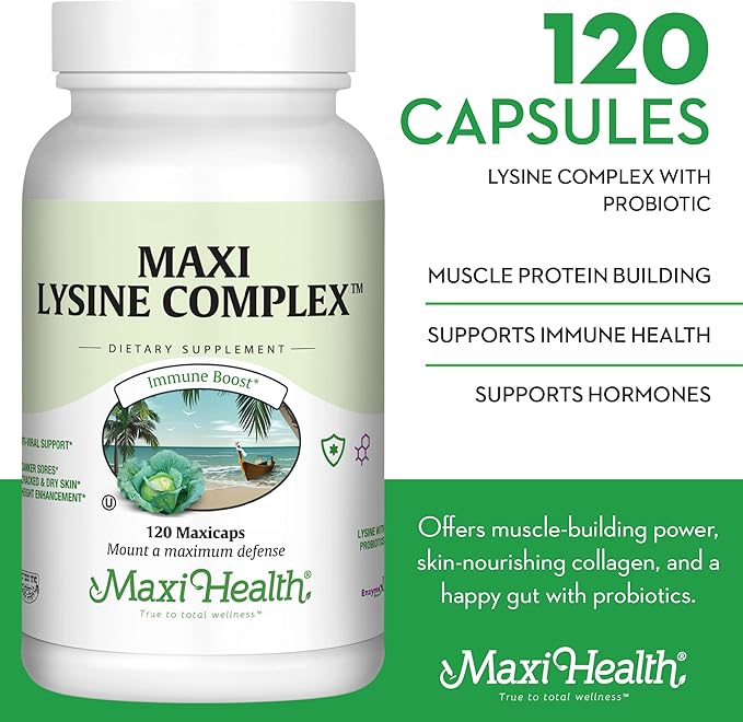Maxi Health Lysine Complex with Probiotics - L-Lysine 1000mg for Protein Synthesis Canker Sores, and Skin – 60 Capsules