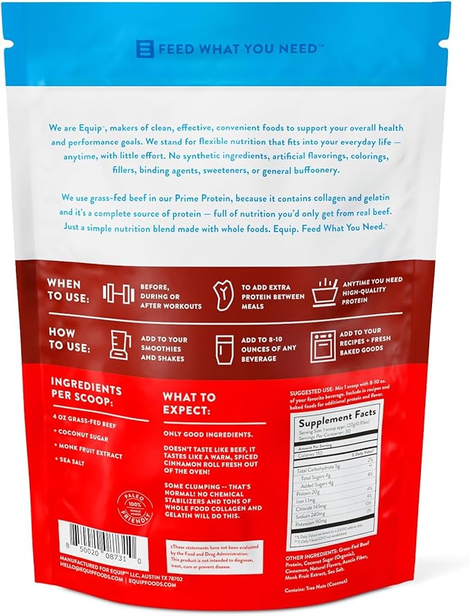 Equip Foods Prime Protein Powder | Clean, Grass Fed Beef Protein Isolate | Carnivore Protein Powder | Paleo, Keto Friendly | Gluten, Dairy Free | 30 Servings, Cinnamon Roll