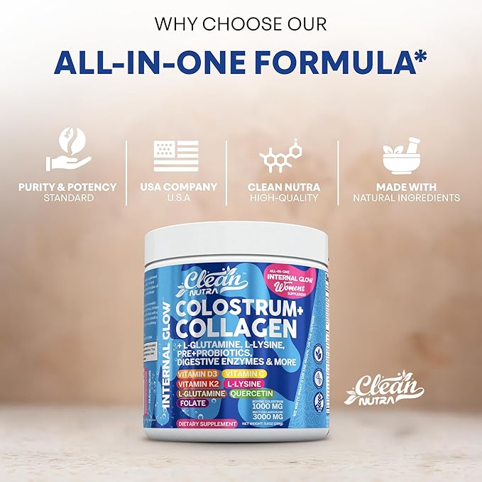 Bovine Colostrum Powder + Collagen Peptides with L-Glutamine L-Lysine Prebiotics Probiotics Digestive Enzymes Vitamin D K2 C Quercetin & Folate | Gut Health Supplement Internal Glow by Clean Nutra