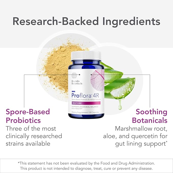 Biocidin Proflora 4R Spore Probiotic - Digestive Health Probiotics for Women & Men - Clinically Researched Bacillus Strains & Organic Aloe, Marshmallow Root for Gut Support (30 Vegan Capsules)