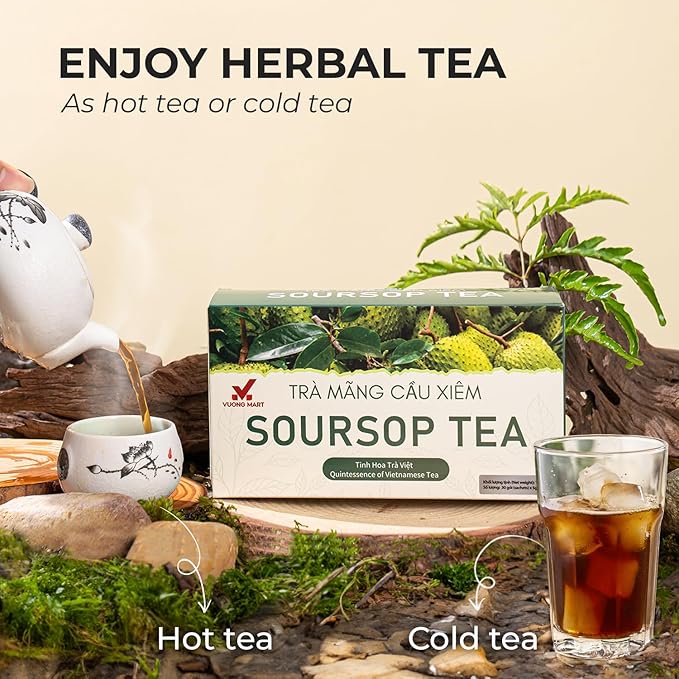 VUONGMART Dried Soursop Leaf Tea, 100% Pure & Hand Pick, Organic Herbal Tea, 30 Count, Gluten Free, Dairy Free, No Sugar Added, Energy Boost & Health Support