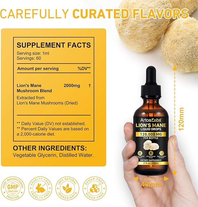 Lions Mane Mushroom Drops 120,000 MG, Brain Supplement, Brain Vitamins, Enhance Memory & Focus & Immunity, 2 Oz