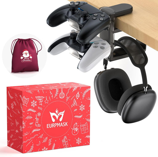 3 in 1 Rotating Headphone Stand for Gamer - EURPMASK [Xmas Gift Set] Headset Stand 2 Detachable Controller Holders,Clamp-on Headphone Holder Christmas Greeting Card,Bag,Box, Stocking Stuffer for Gamer