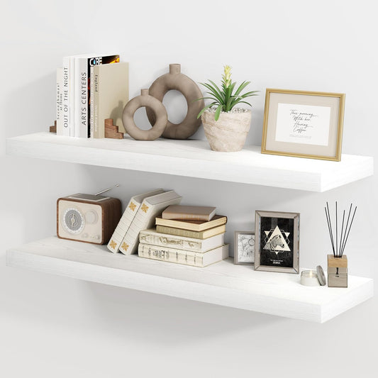 30 Inch Floating Shelves, Rustic Floating Wall Shelves 8 Inch Deep, 30 x 8 Floating Shelves for Home Decor, Deep Display & Storage Shelves for Kitchen, Bathroom, Living Room, White Color, Set of 2