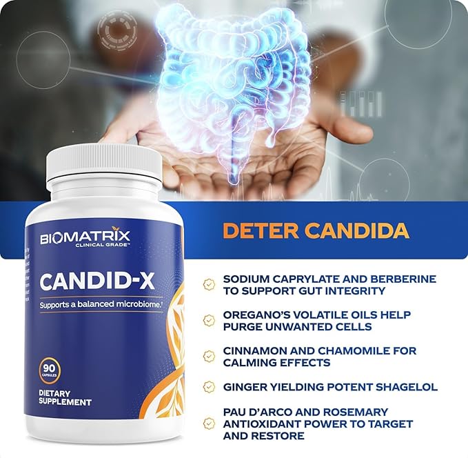 BioMatrix Candid-X Gut Cleanse with Berberine, Oregano, Sodium Caprylate, Chamomile, Ginger, PAU D'arco, Digestive Supplement for Men and Women | 90 Capsules