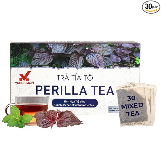 VUONGMART Dried Purple Perilla Tea, Stevia, Lolot, 100% Hand Pick, Organic Herbal Tea, 30 Tea Bags, Gluten Free, Dairy Free, Sugar Free & Natural, Energy Boost & Health Support