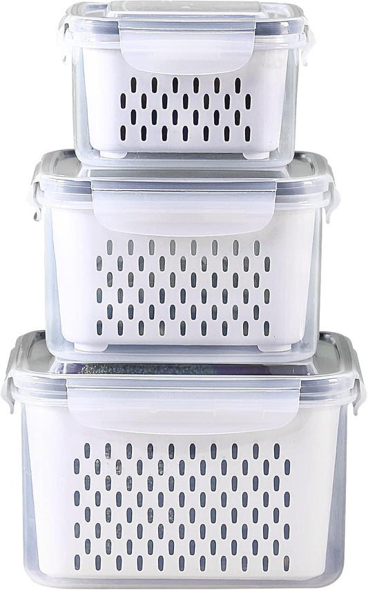 3Pack Fridge Food Storage Container Set with Lids with Strainer, Fruit Vegetable Storage Containers Keep Fruits, Vegetables, Berry, Meat Fresh longer, BPA-Free Plastic Produce Keepers