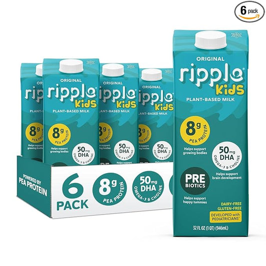 Ripple 32 oz Plant Based Milk 8g of Quality Sourced Pea Protein, Calcium Rich | Shelf Stable | Vegan & Non GMO Certified | Dairy, Soy, Nut, Gluten, & Lactose Free (Pack of 6) (32 Fl Oz (Pack of 6), Kids Original)