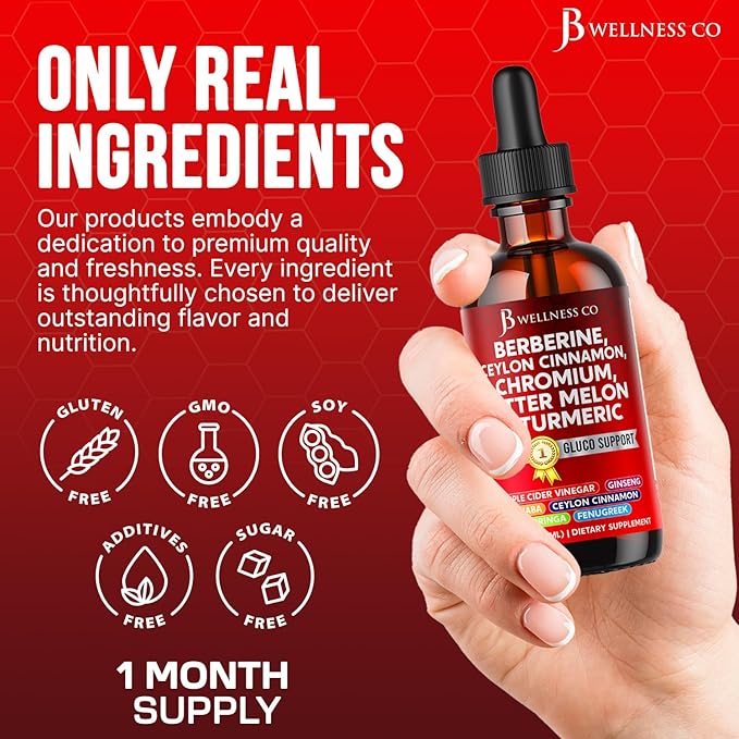 Berberine with Ceylon Cinnamon Supplement Liquid Drops + Bitter Melon Extract, Glucomannan, Gymnema, Chromium, Turmeric, Panax Ginseng, Moringa- 6 OZ