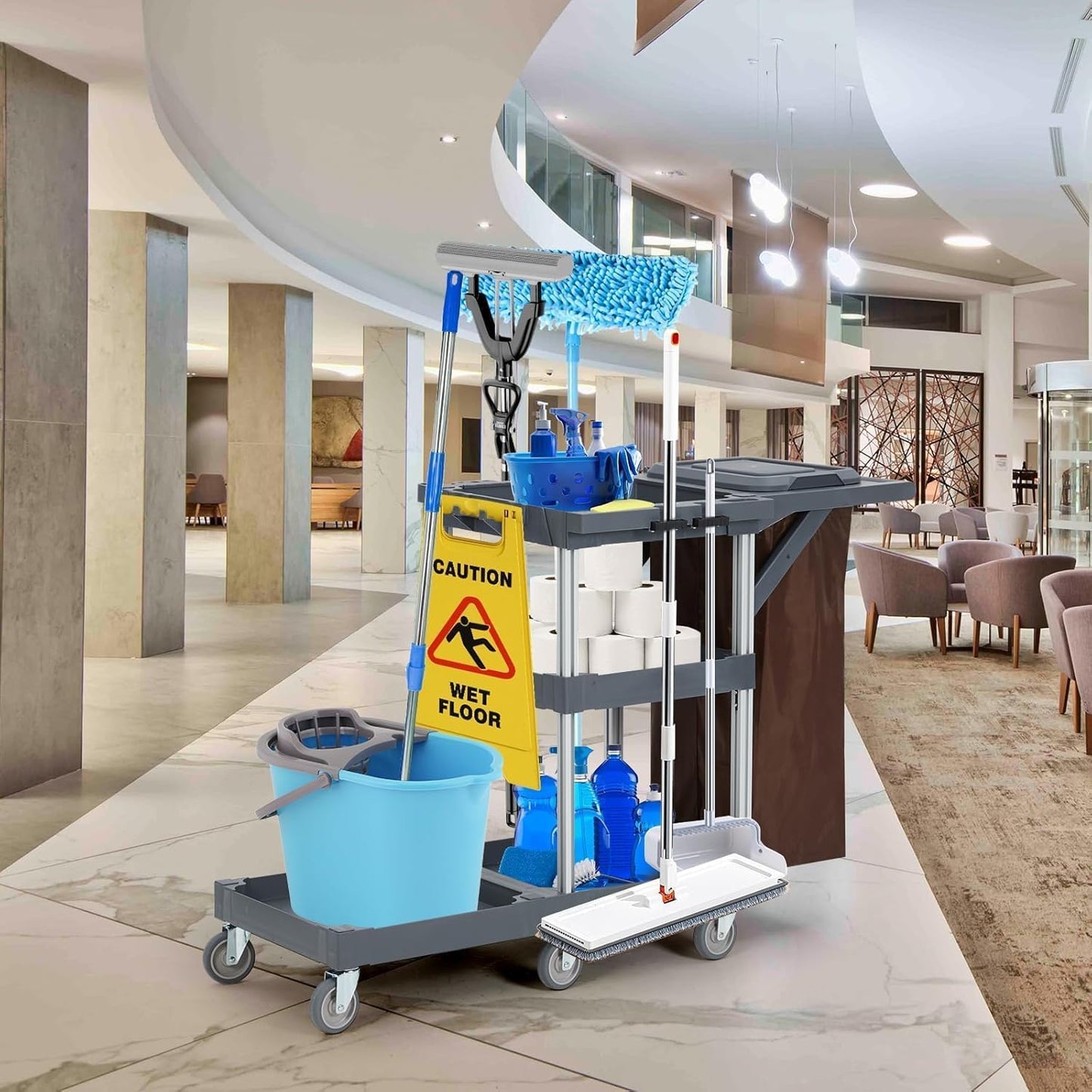 3 - Shelf Heavy - Duty Commercial Janitorial Cart with Wheels - 16 - Gallon Trash Bag Included, 220 Lbs Capacity, Perfect for Hotels, Schools, Apartments and More