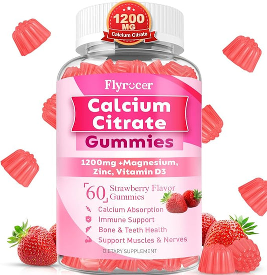 1200mg Calcium Citrate Gummies - Chewable Calcium Gummies for Bone, Muscle, Teeth, Immune Support, High Absorption Calcium Supplements for Women & Men Sugar Free Strawberry Flavor 60 Count