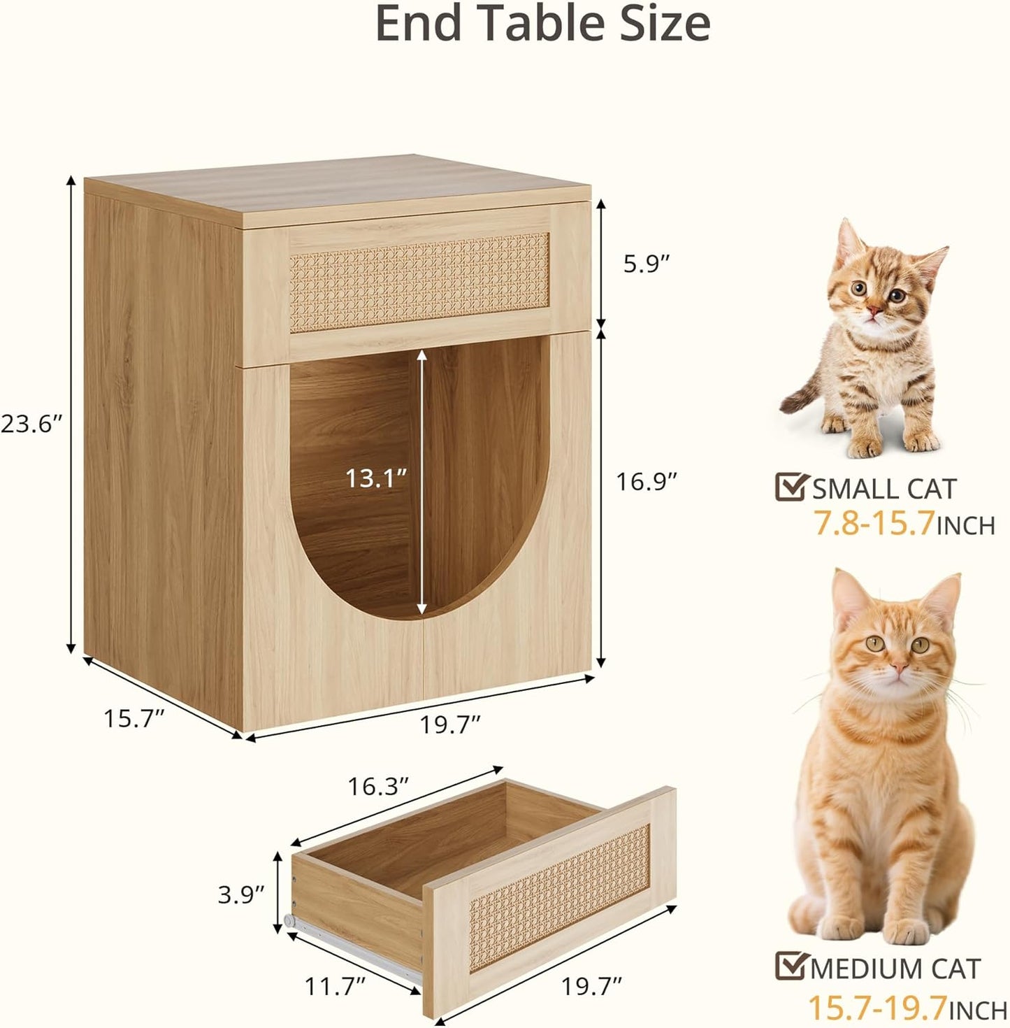 End Table with Drawer, 20 Inch Artificial Rattan Night Stand for Arched Storage or Cat Rest Area, Sturdy Thickened Wood Side Table Bedside Table for Living Room, Bedroom and Apartment