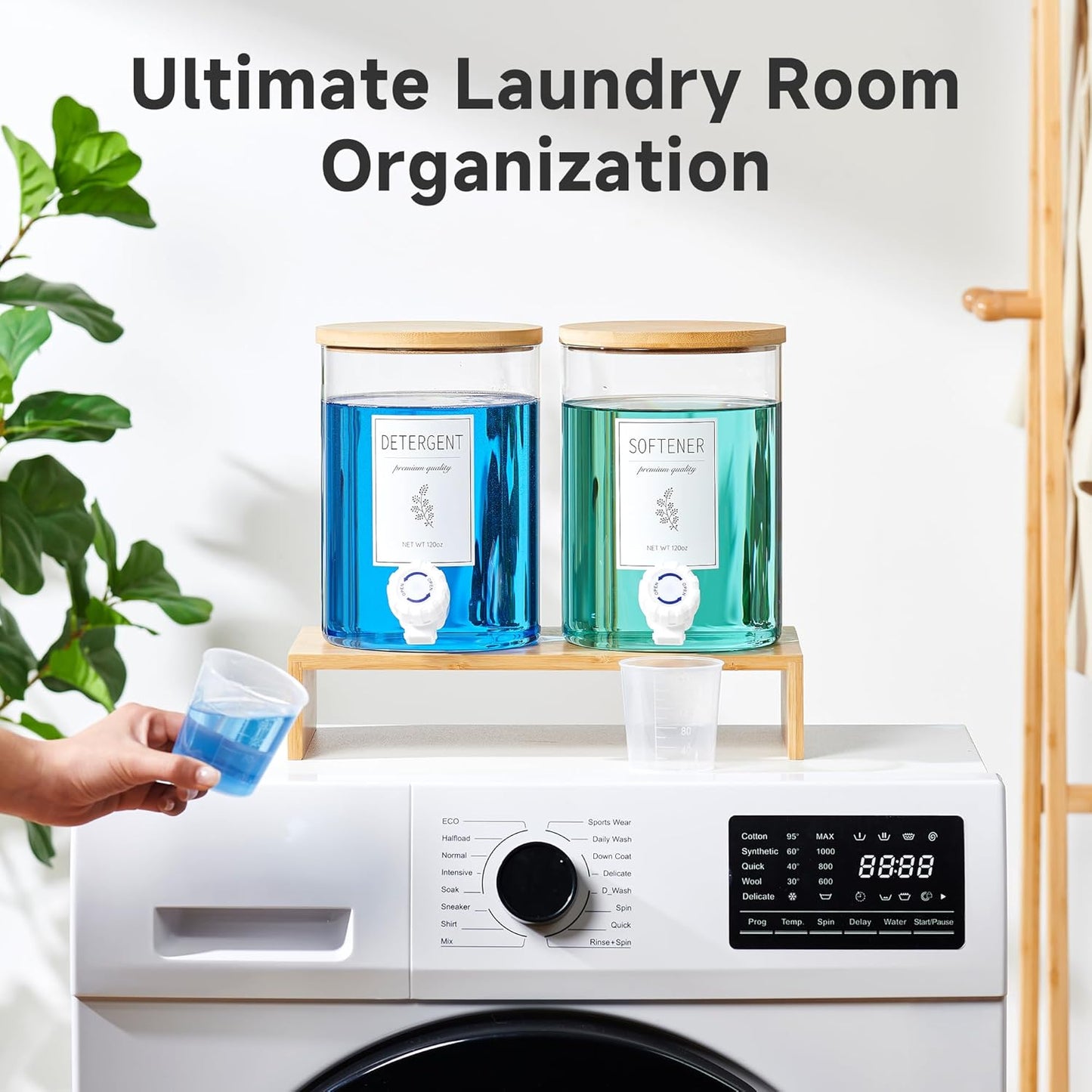 Glass Laundry Detergent Dispenser with Shelf & Bamboo Lid - 120 Oz Liquid Detergent, Laundry Soap & Fabric Softener Dispenser for Laundry Room Organization and Storage with 2 Cups & 8 Labels