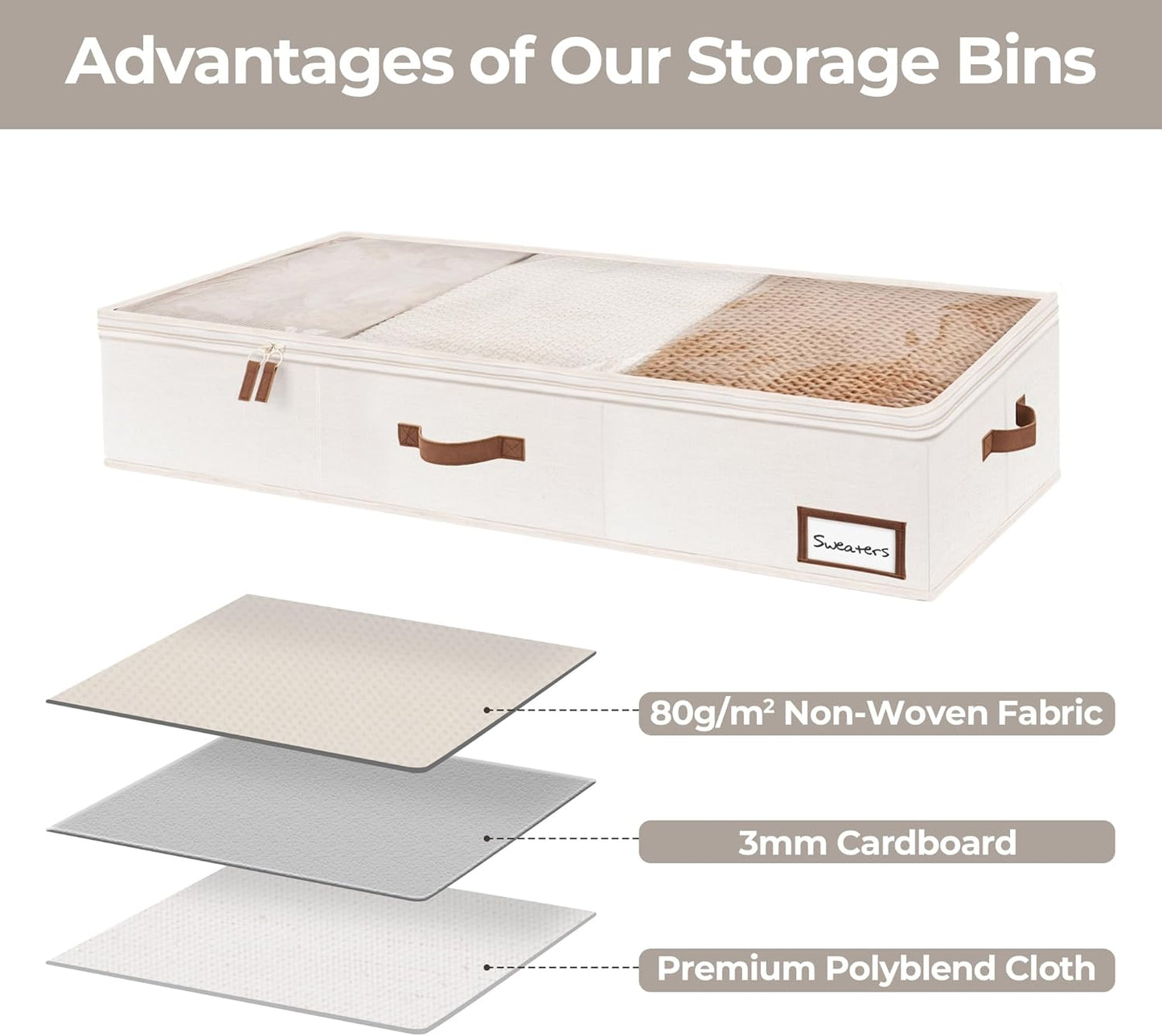 StorageWorks Large Under Bed Storage Containers with Handles and Label Holder, 2 Pack Ultra-thick Fabric Underbed Bins, Closet Organizer for Clothes, Blankets, Sweater