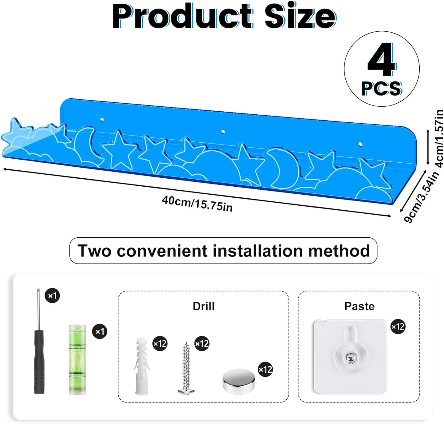 Floating Shelves for Wall,4 Pack 15.7’’x 3.5’’Adhesive Acrylic Shelves Organizer for Book Toy Photo Makeup,Wall-Mounted Kids Storage for Bathroom,Bedroom,Nursery,Blue Star and Moon