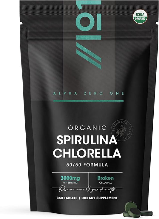 ALPHA01 Organic Spirulina Chlorella Tablets 3000mg – 360 Counts – 50/50 Blend Superfood – No Filler, No Additives, Cracked Cell Wall – Rich in Vegan Protein & Chlorophyll