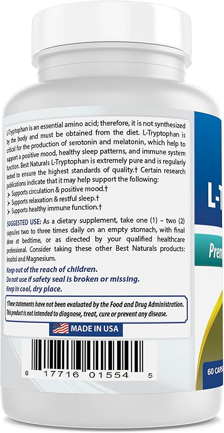 Best Naturals L-Tryptophan 500 mg 60 Capsules (60 Count (Pack of 2))