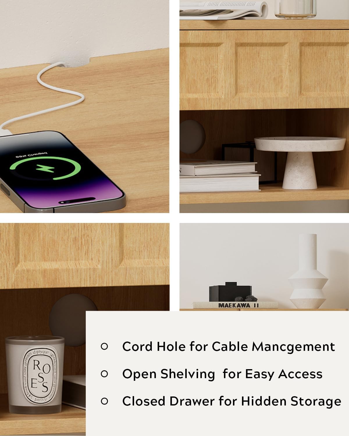 Farmhouse Floating nightstands Set of 4, Small Wall Mounted Storage Cabinet with Drawer Open Shelf, Wood Bedside End Table for Bedroom, Living Room, Natural Oak