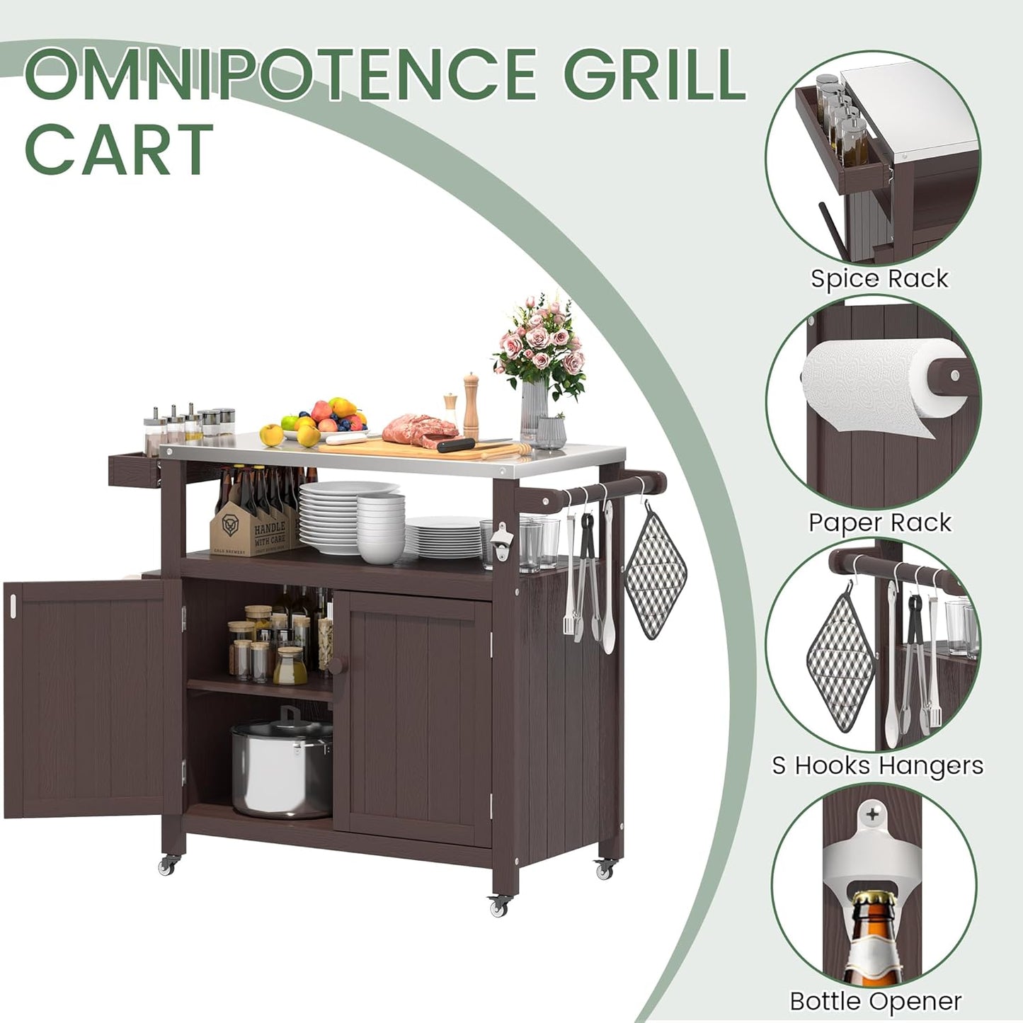 Weatherproof HIPS Outdoor Kitchen Island with Stainless Steel Top & Storage Cabinet, Movable Prep Table with Wheels for BBQ Food Prep, Outdoor Grill Cart for Parties, Brown