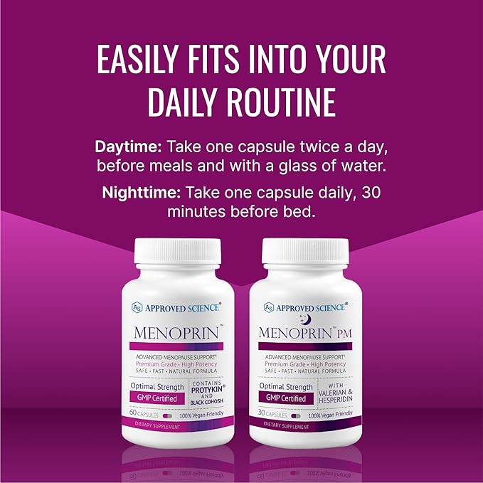 Approved Science Menoprin - Menopause Support - Protykin, Black Cohosh - 1 Bottle Menoprin Day + 1 Bottle Menoprin PM - Vegan
