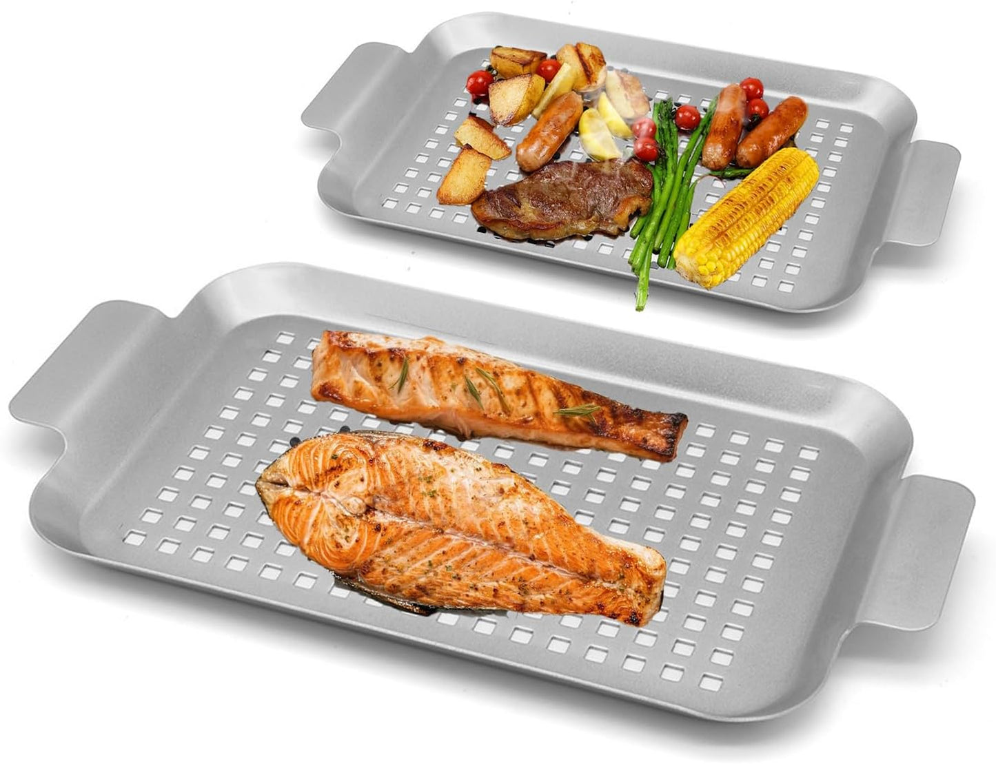 Grill Topper Non-Stick Stainless Steel BBQ Tray with Holes Outdoor Grilling Pans for Meat Vegetables Set of 2 (16.5" x10" and 13"x7.4")