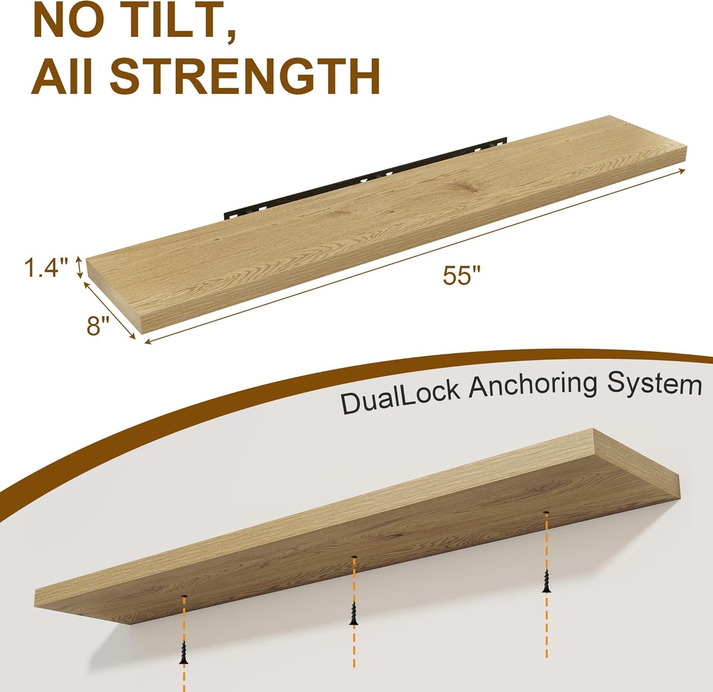 Fun Memories 55 Inch Floating Shelves for Wall 2 Pack Shelves for Bedroom|Kitchen|Bathroom Wall Mounted Rustic Wood Floating Shelf with Invisible Brackets for Books|Storage|Decor, Oak