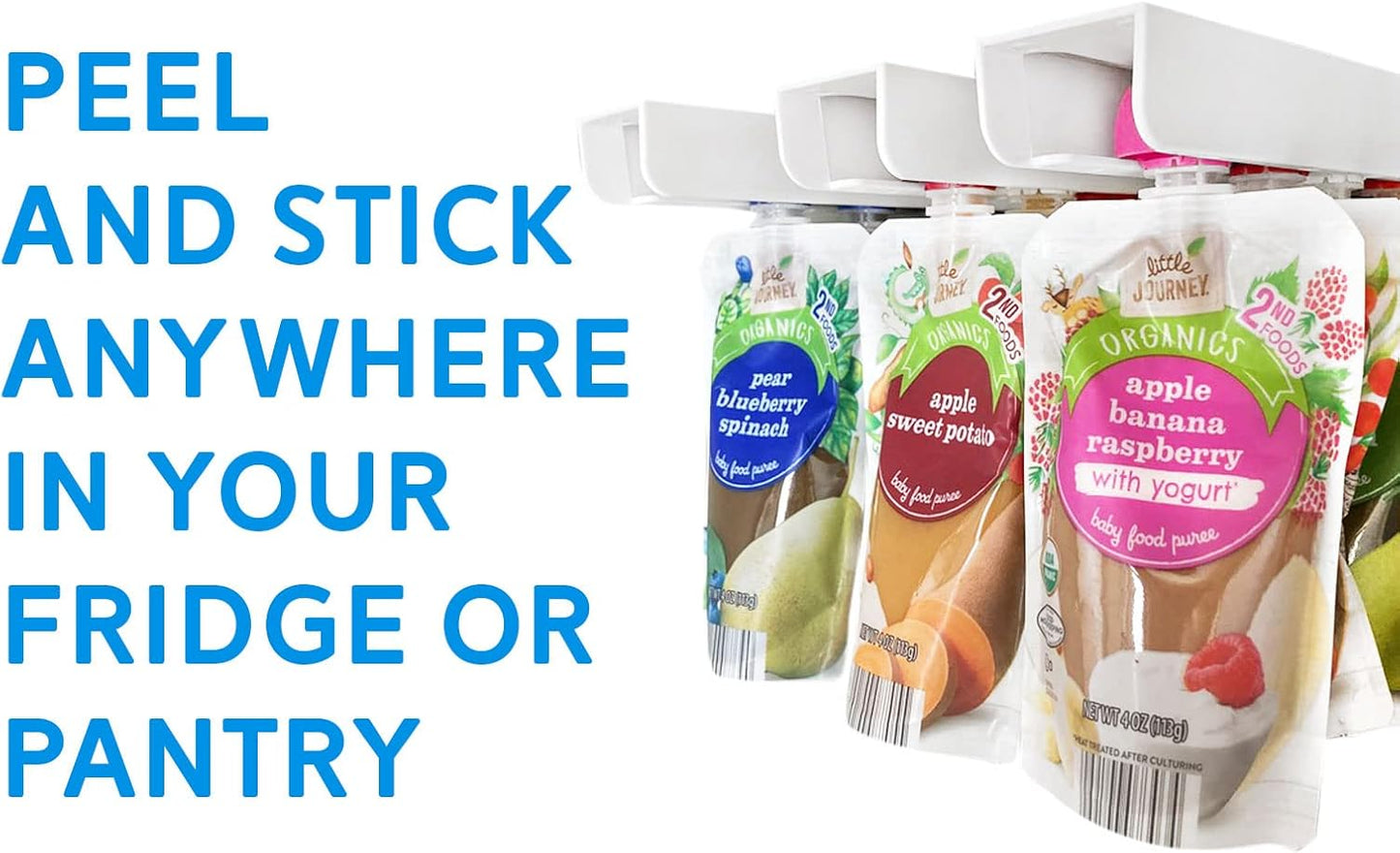 The Food Pouch Organizer Set - Slider Style Peel-and-Stick Holder for Baby Food, Applesauce, Yogurt Pouches - Maximize Kitchen Storage, Pantry, and Refrigerator Space by Storage Theory - 4 Pack
