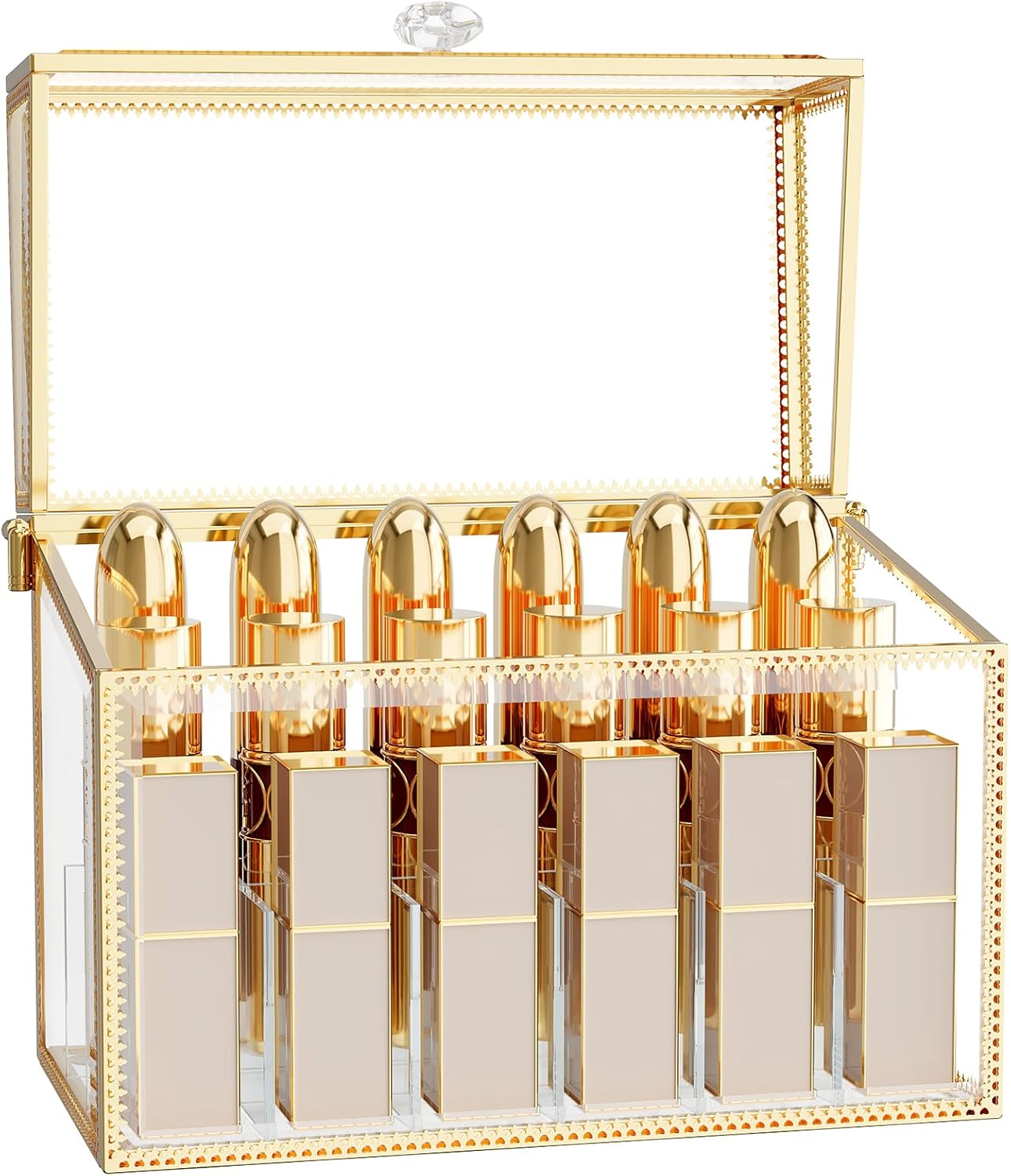 Lipstick Organizer,Luxury Tempered Glass Lipstick Holder & Nail Polish Organizer, 18-Slot Vanity Cosmetic Organizer with Removable Dividers, Gold