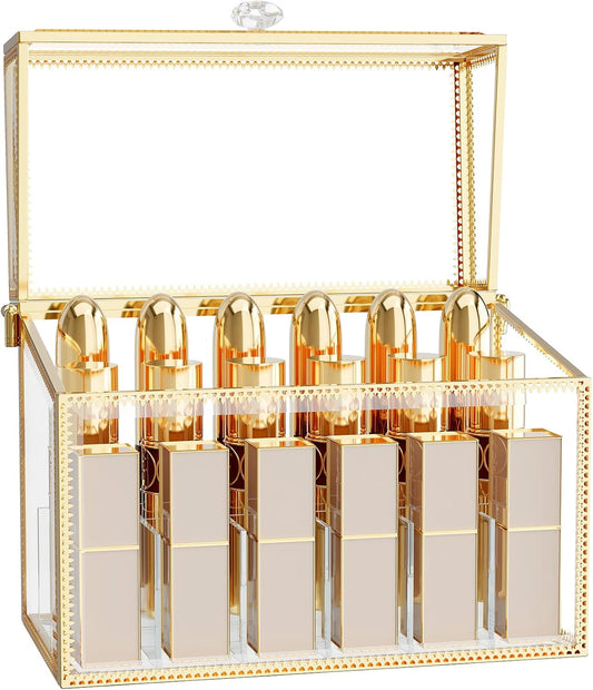 Lipstick Organizer,Luxury Tempered Glass Lipstick Holder & Nail Polish Organizer, 18-Slot Vanity Cosmetic Organizer with Removable Dividers, Gold