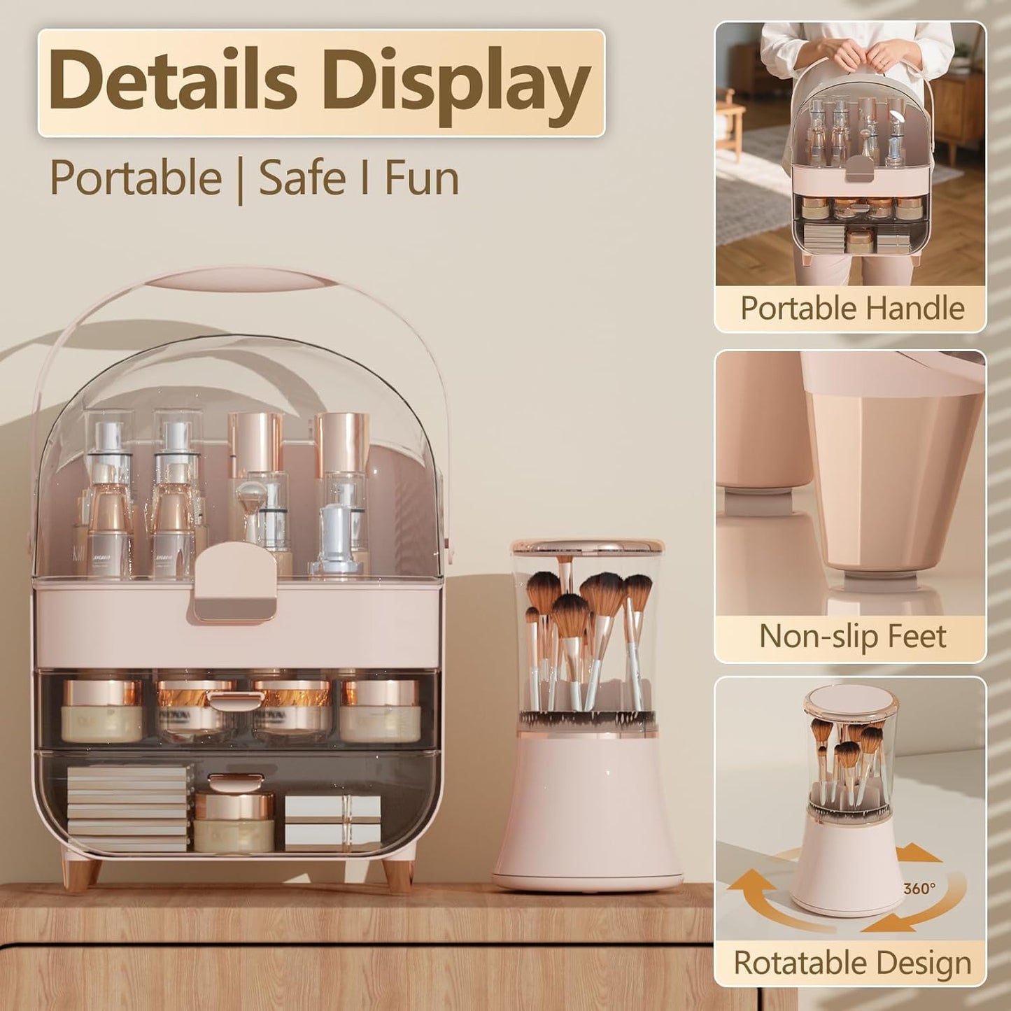 Makeup Organizer Countertop & Makeup Brush Holder with Lid 360 Rotating Clear Dustproof Skincare Holder for Vanity Bathroom Countertop, Ideal Gifts for Women, Transparent, Pink