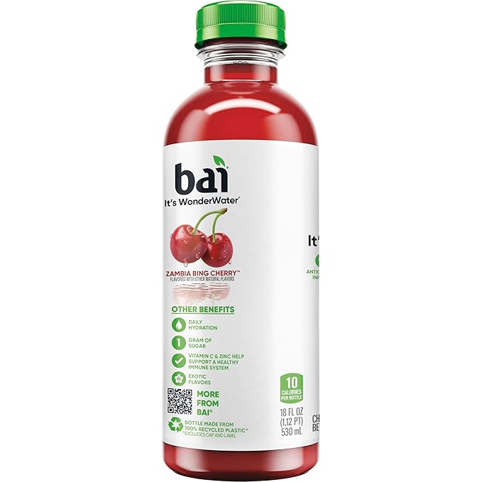 Bai Antioxidant Infused Water Beverage, Zambia Bing Cherry, with Vitamin C and No Artificial Sweeteners, 18 Fluid Ounce Bottle, 12 Pack