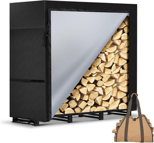 4ft Firewood Rack Outdoor with Waterproof Widened Cover, Heavy Duty Firewood Holder includes Carrier Bag, Powder-coated Wood Rack with Hooks, Firewood Storage Rack for Fireplace Deck Patio