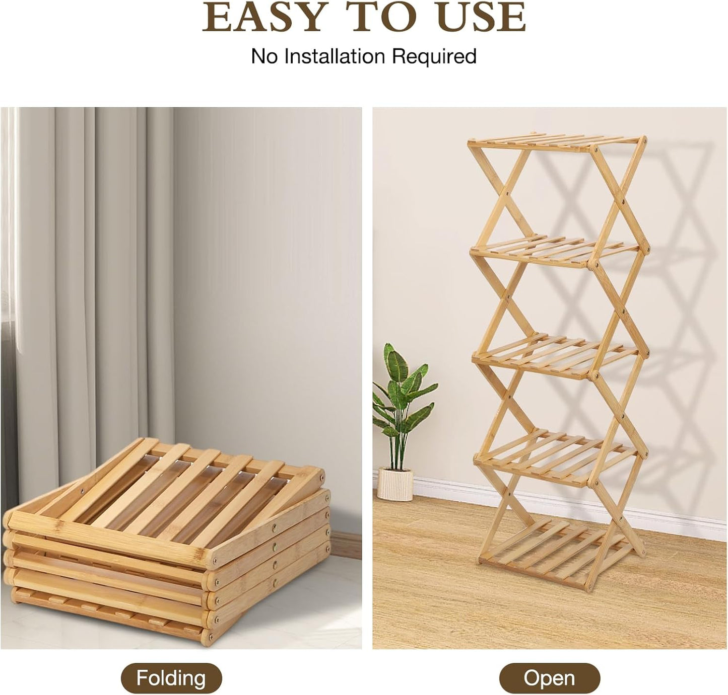 Bamboo Shoe Rack 5 Tier Foldable Shoe Rack Vertical Bamboo Shoe Organizer Free Standing Shelf for Entryway, Closet, Bedroom, Wood Color