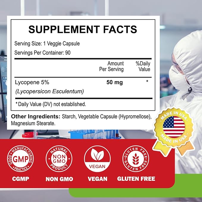 Lycopene Supplements for Men 50mg, Natural Tomato Antioxidant Supplement, 90 Veggie Capsules-Cardiovascular Health, Immune Support & Skin Health, 3 Month Supply