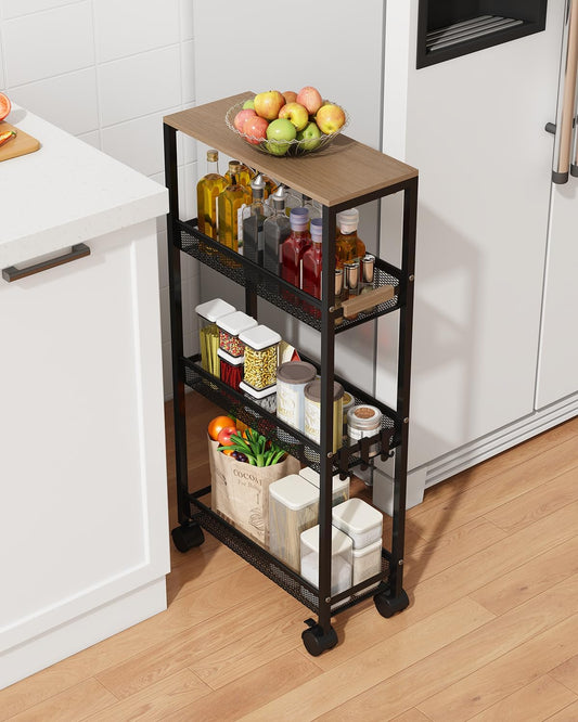 TIPGO Utility Slim Storage Cart, 4 Tier Rolling Cart with Wheels, Narrow Storage Cabinet for Bathroom, Laundry Shelves for Room Organization, Small Organizer for Kitchen, Office and Dorm (Black)