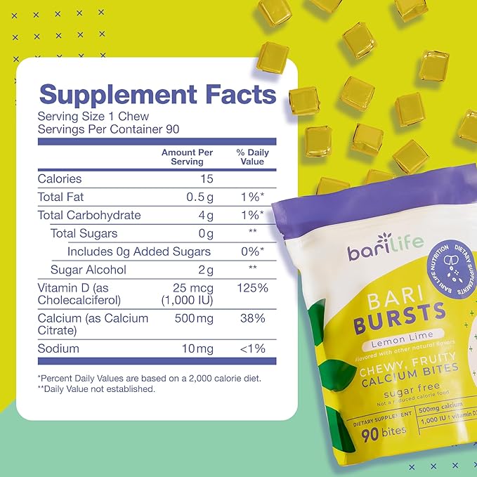 Calcium Citrate Bariatric Calcium Chews with 1000 IU Vitamin D3 - Ideal for Bariatric Patients - BariBurst by Bari Life (Lemon Lime)