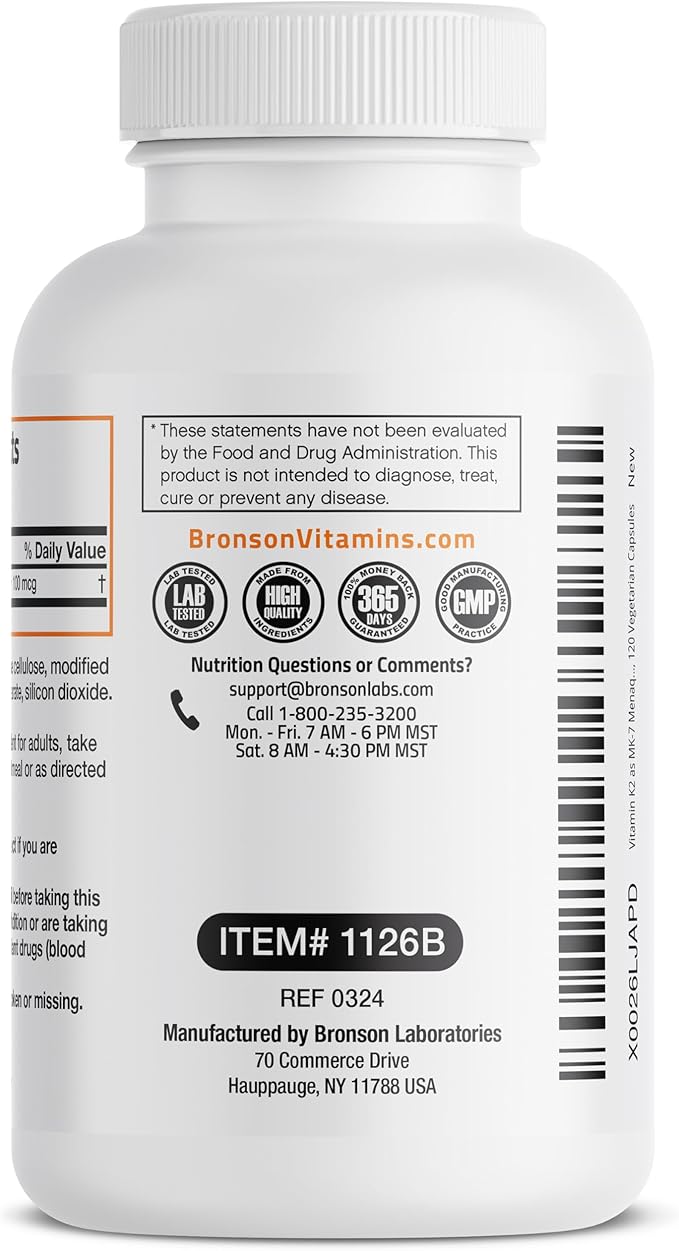 Bronson Vitamin K2 as MK-7 Menaquinone 100 mcg Non-GMO, 120 Capsules