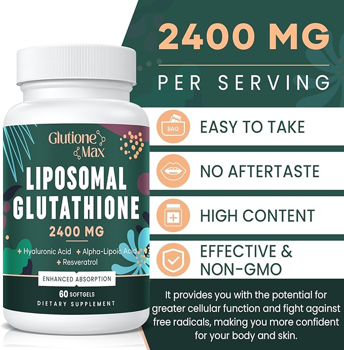8-in-1 Liposomal Glutathione 2400 MG, High Absorption Antioxidant Formula – with Hyaluronic Acid, Alpha-Lipoic Acid, Resveratrol - Skin, Liver Detox & Immune System, 120 Softgels