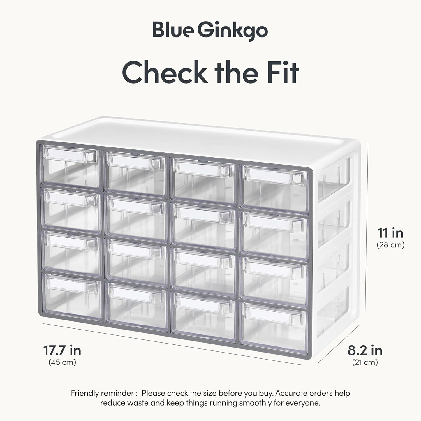 Blue Ginkgo Medium 16-Drawer Cabinet – Stackable Clear Organizer for Hardware, Beads, Plastic Bricks, Office, and Craft Storage (Made in Korea, Gray)