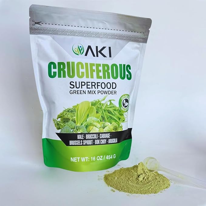 AKI Cruciferous Superfood Green Mix Powder - Made from Kale, Broccoli, Brussels Sprouts, Cabbage - Packed with Essential Phytonutrients & Vitamins ((16oz/454g))