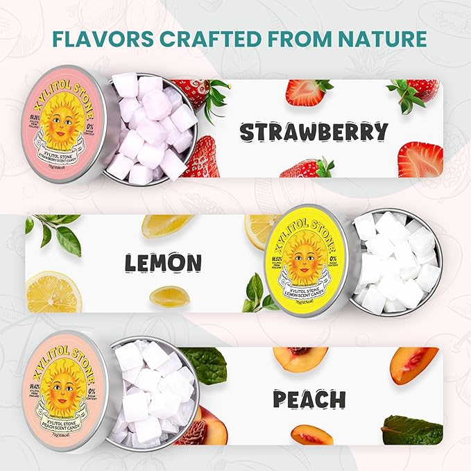 Xylitol Stone Sugar Free Candy - Vegan & Keto Friendly Unique Hard Candy - 100% Natural Flavor Candies - Gluten Free & Non-GMO Breath Freshener Mints - Pack of 6 (2 Strawberry, 2 Lemon, 2 Peach)
