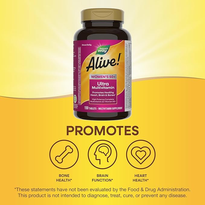 Nature’s Way Alive! Vitamins for Women 50 Plus, Complete Multivitamin, High Potency Formula, with Methylated B12, Gluten-Free, 150 Tablets