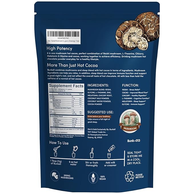 Bunkell Mushroom Hot Cocoa, Adaptogenic Mushroom with Reishi, L-Theanine, Chicory, Melatonin & Glycine, Melatonin, Sleep Hot Cocoa Supplement for Sleep and Stress Support, 25 Servings 1 Pack