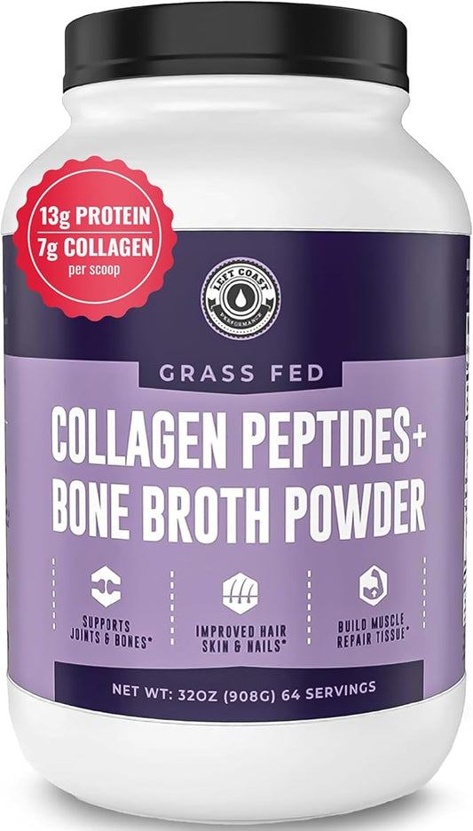 Left Coast Performance Collagen Bone Broth Powder 2lb, Bone Broth with Grass Fed Collagen Peptides. Unflavoured, Grass Fed, Hydrolyzed Beef, Zero Carb, Dairy Free Protein Powder. 64 Servings