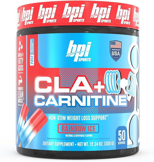 BPI Sports CLA+Carnitine – CLA L Carnitine & Linoleic Acid – L Carnitine Supplement for Weight Loss, Metabolism & Lean Muscle – Caffeine Free – Rainbow Ice – 50 Servings – 12.34 oz