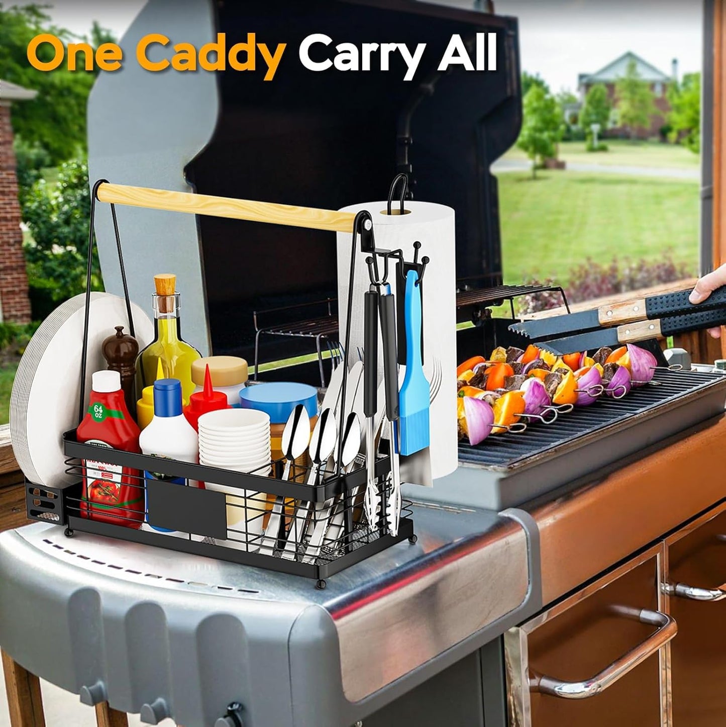 Grill Caddy with Plate Holder and Paper Towel Holder, Picnic BBQ Condiment Utensil Organizer Caddy for Outdoor Cooking, Camping Essential, Camper Must Haves, Grilling Gifts for Men