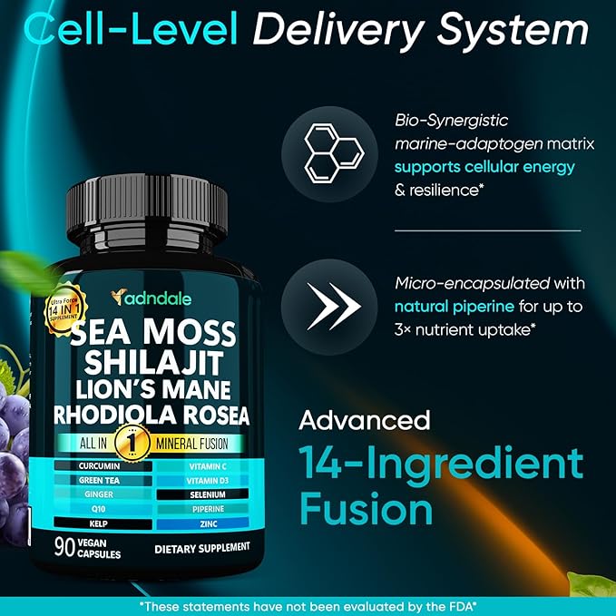 Adndale Sea Moss Capsules with Lion's Mane, Rhodiola Rosea, Shilajit for Women and Men Energy, Focus, Immune Support - 90 Count