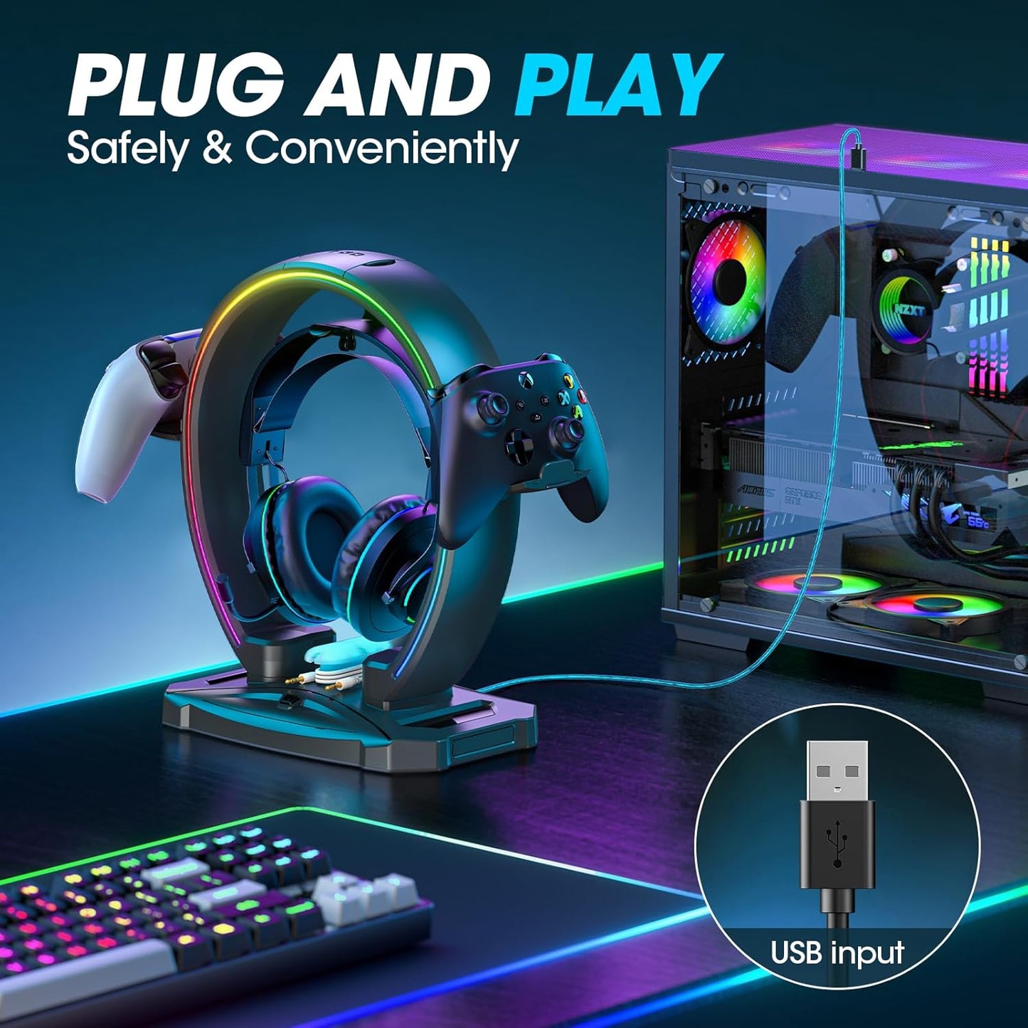 KDD RGB Headphone & Controller Stand with 9 Light Modes - Foldable Controller Hanger for Desk - Earphone Stand with Cable Organizer - for Gamers Desktop Accessories