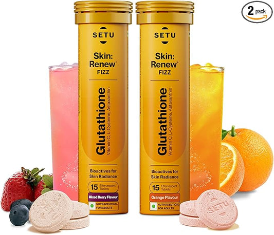 Glutathione Effervescent Tablets for Skin with 500mg L-Glutathione & Vitamin C | Sugar-Free Antioxidant Supplement for Clear, Glowing Complexion | Mixed Berry & Orange (Pack of 2) | 30 Tablets